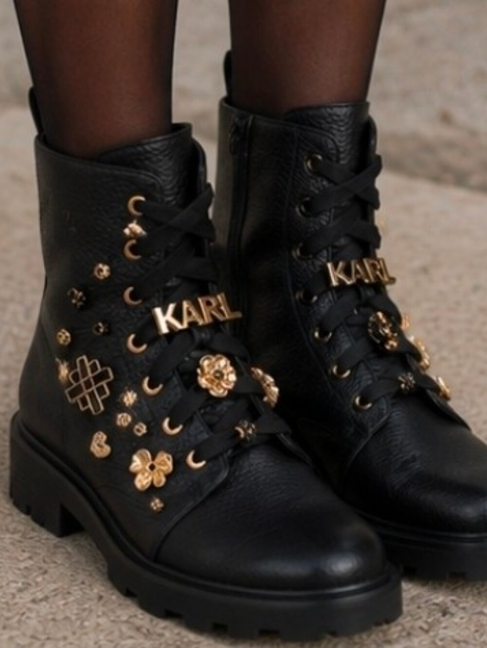 💣NWOT💣Karl Lagerfeld Black Embellished Leather Combat Boots